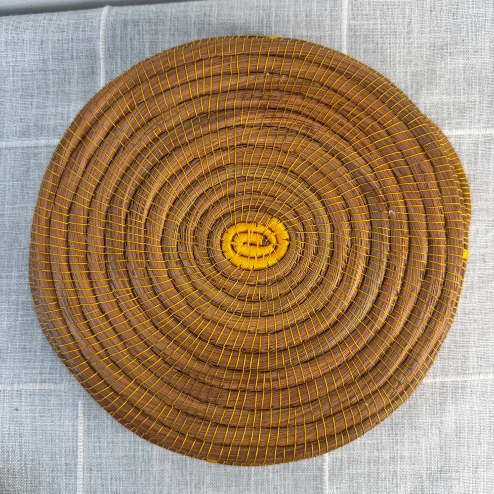 Pine Needle Woven Basket Yellow‎ Brown Cottagecore Round Basket 2 Handles 11